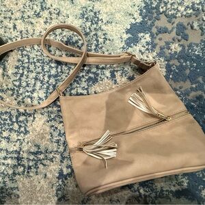Beige Crossbody Bag with Tassel Accents